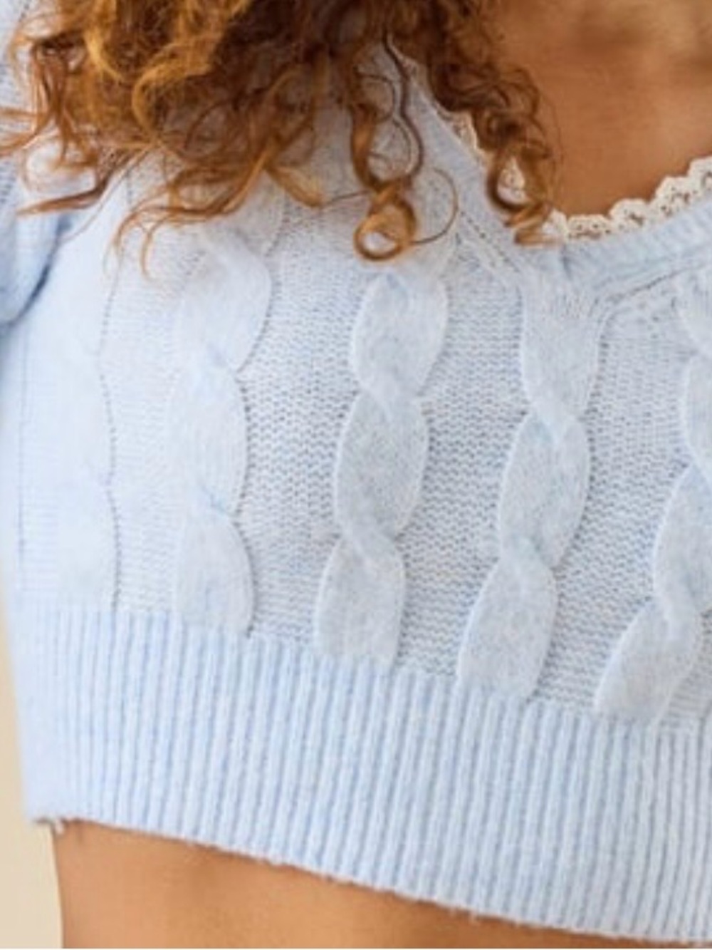 Altar'd State Light Blue Scalloped V-Neck Cable Knit Sweater